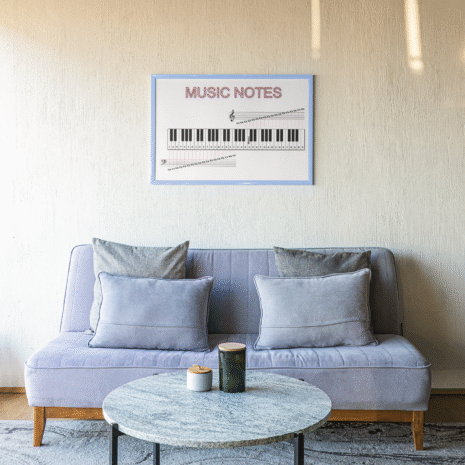 Music notes poster. This poster will help you learn all the major scales and natural minor scales on the piano. With this hanging on the wall you’ll learn and memorise the notes on the grand staff. It shows the notes in relation to a piano keyboard. Each key on the piano has a corresponding note on the grand staff. This is indicated with dotted vertical lines between the note on the grand staff and the corresponding key on the piano. This will help you learn the note names on the grand staff, and what key they represent on the piano keyboard. The poster is available in the Music Theory Shop at musictheory4u.net.