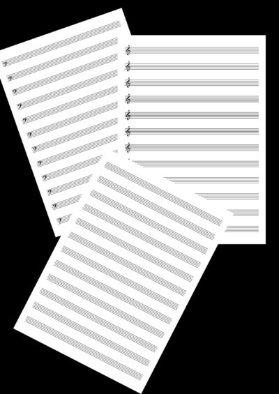 music staff paper with treble clef. Music staff paper with bass clef. Music staff paper without clefs.