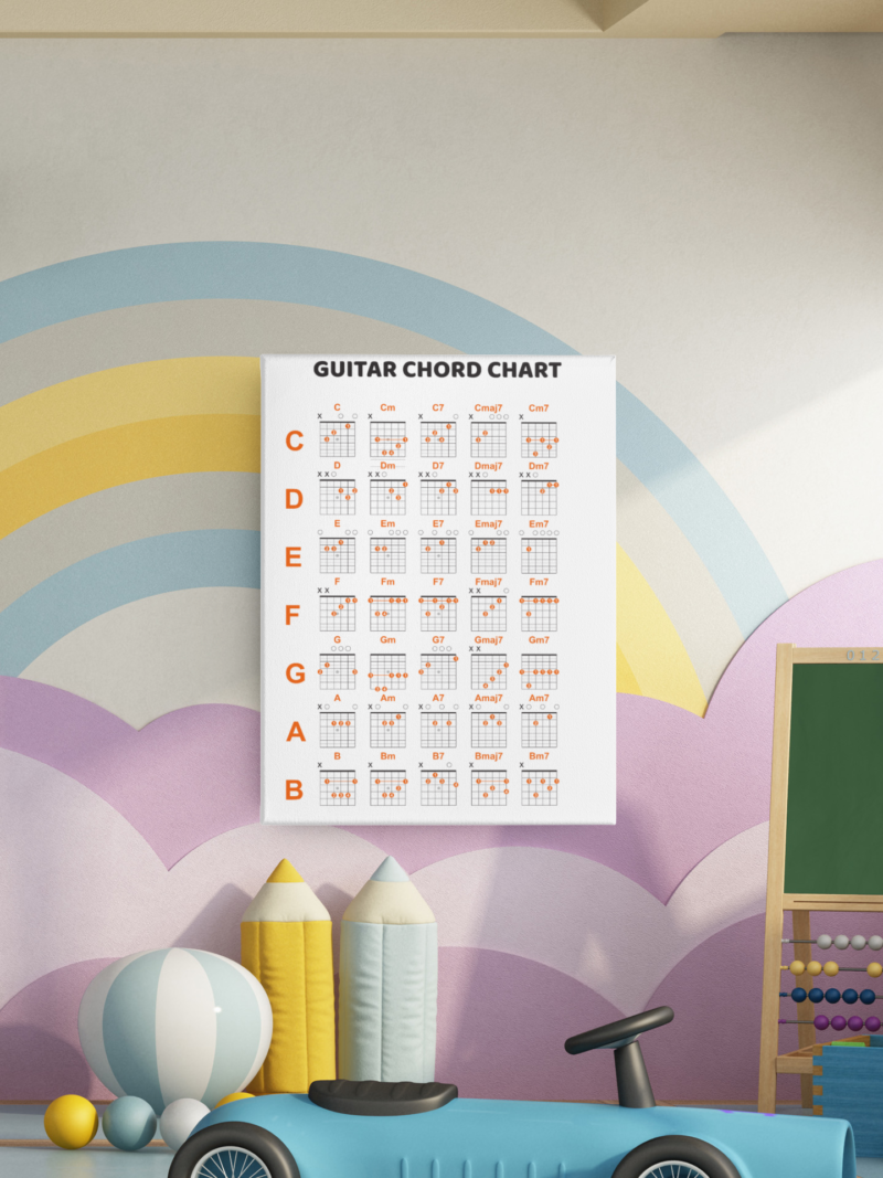 Guitar Chord Chart poster. This is a poster with 35 guitar chords.  With this hanging on the wall you’ll learn and memorise 35 guitar chords. There are hundreds of guitar chords to learn, so remembering them all can be a challenge. A chord chart is a guitar players essential!  It contains all the essential, as well as some less common chords, but without being too over-facing. - Image 4
