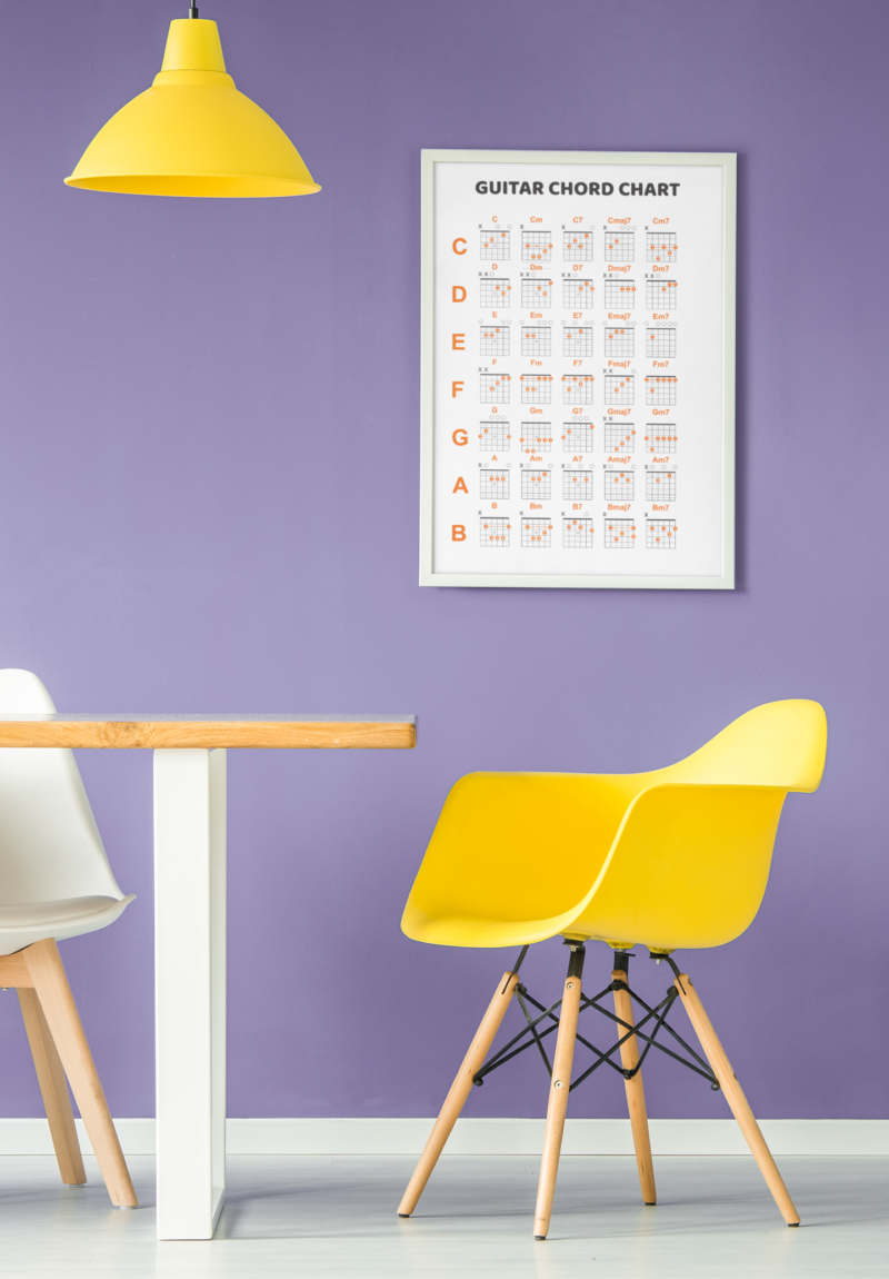 Guitar Chord Chart poster. This is a poster with 35 guitar chords.  With this hanging on the wall you’ll learn and memorise 35 guitar chords. There are hundreds of guitar chords to learn, so remembering them all can be a challenge. A chord chart is a guitar players essential!  It contains all the essential, as well as some less common chords, but without being too over-facing. - Image 5