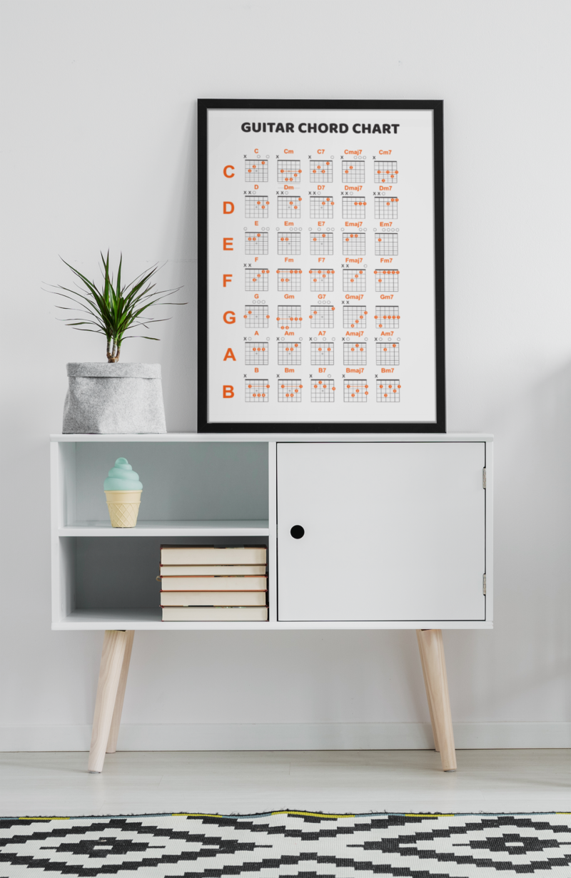Guitar Chord Chart poster. This is a poster with 35 guitar chords.  With this hanging on the wall you’ll learn and memorise 35 guitar chords. There are hundreds of guitar chords to learn, so remembering them all can be a challenge. A chord chart is a guitar players essential!  It contains all the essential, as well as some less common chords, but without being too over-facing. - Image 6