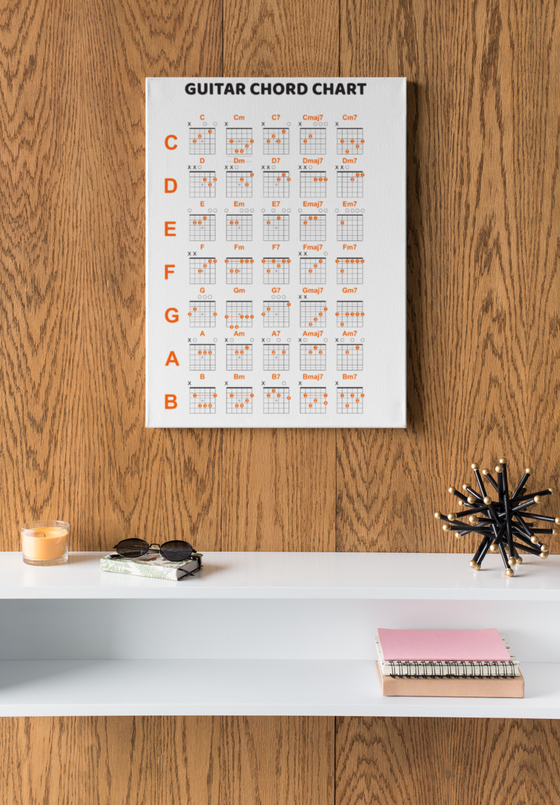 Guitar Chord Chart poster. This is a poster with 35 guitar chords.  With this hanging on the wall you’ll learn and memorise 35 guitar chords. There are hundreds of guitar chords to learn, so remembering them all can be a challenge. A chord chart is a guitar players essential!  It contains all the essential, as well as some less common chords, but without being too over-facing. - Image 7